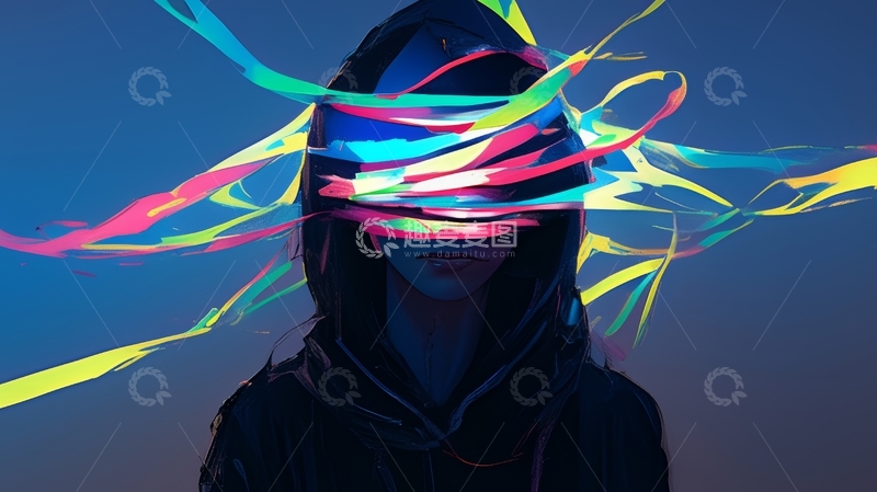 高清大图下载【趣麦麦图】彩色丝带环绕的神秘人物