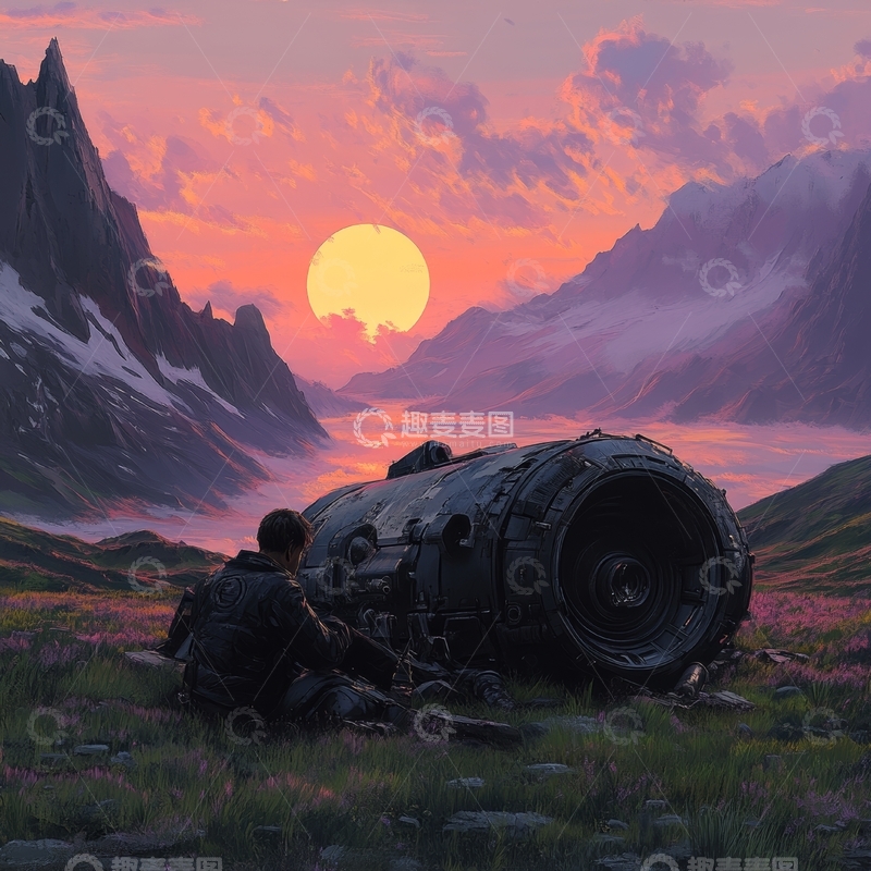 高清大图下载【趣麦麦图】废墟中的宇航员与飞船