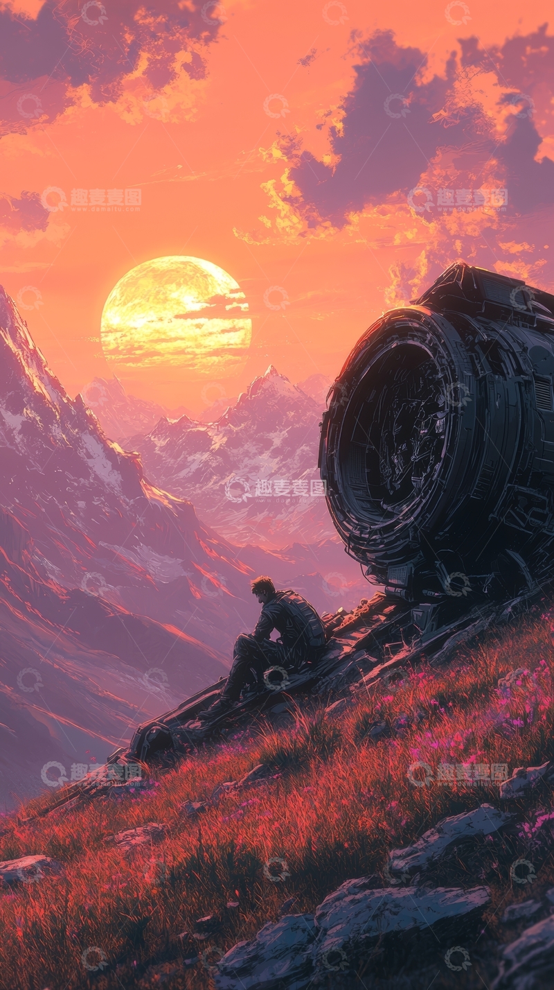 高清大图下载【趣麦麦图】夕阳下山巅的探索者与机械装置