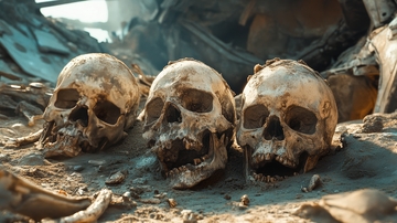 三具头骨并排置于废墟之中