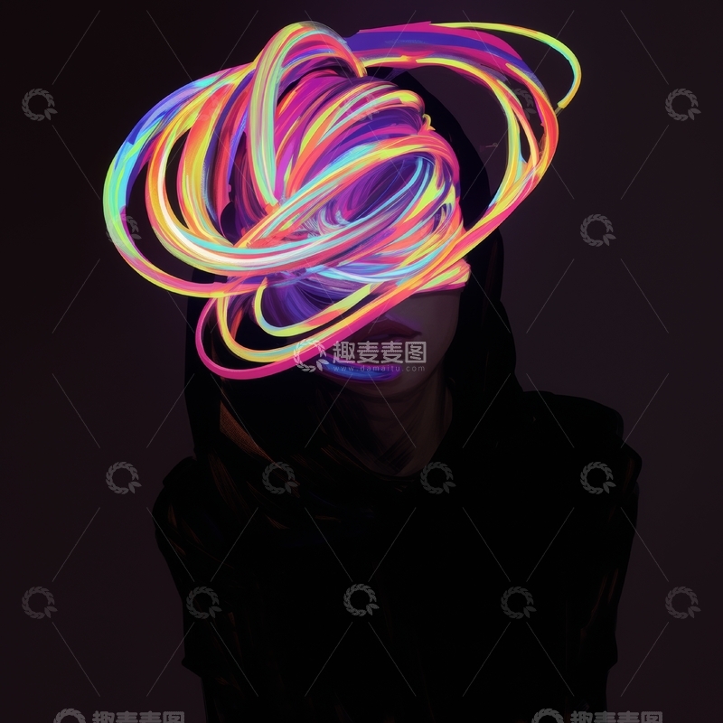 高清大图下载【趣麦麦图】霓虹灯带环绕的神秘人物