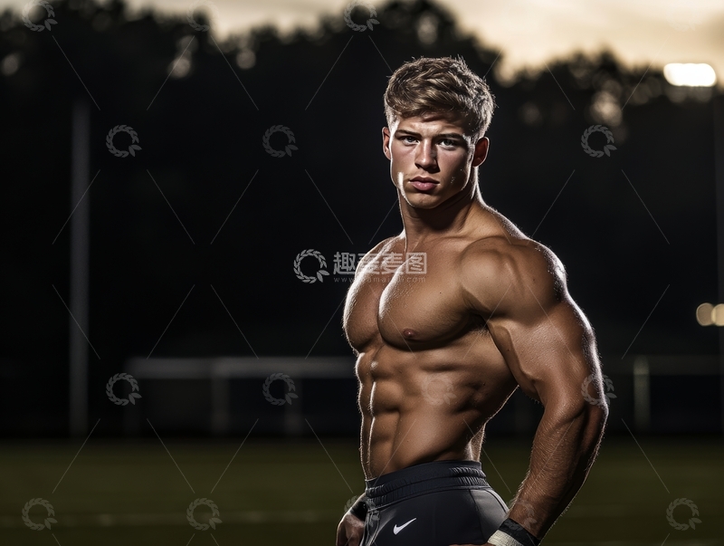 高清大图下载【趣麦麦图】健美男子在夜晚户外展示肌肉