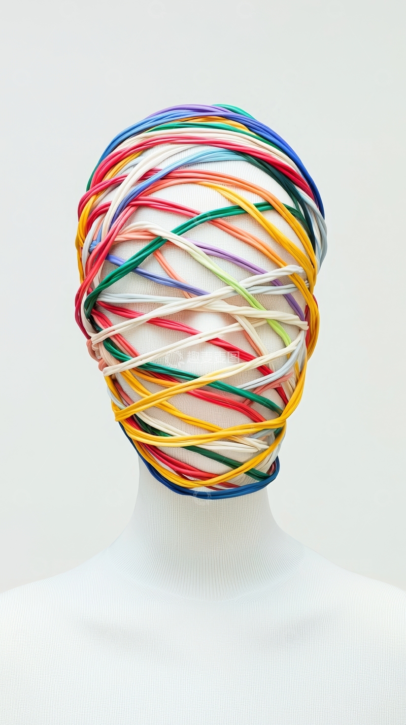 高清大图下载【趣麦麦图】彩色橡皮筋缠绕的头部雕塑