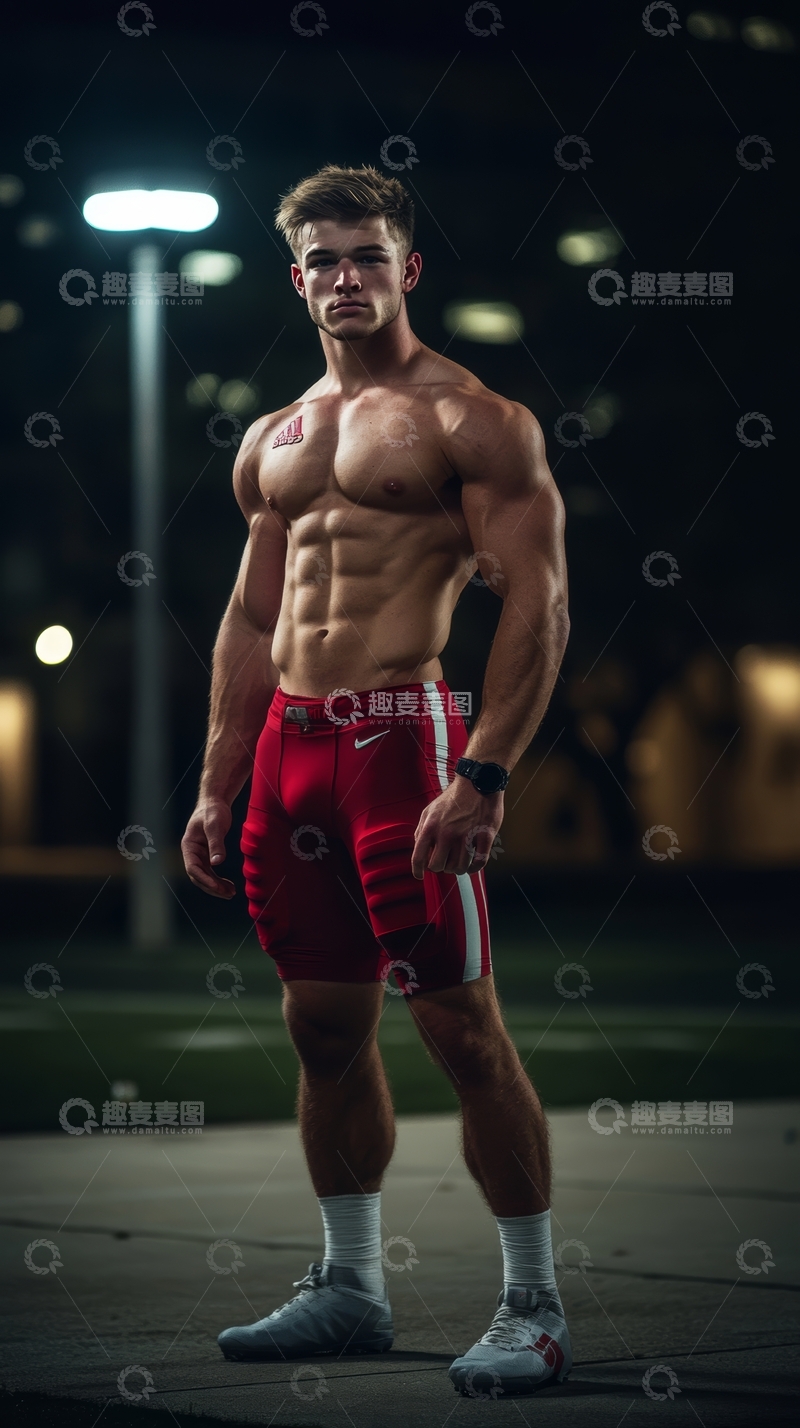 高清大图下载【趣麦麦图】健美男子夜晚户外展示肌肉