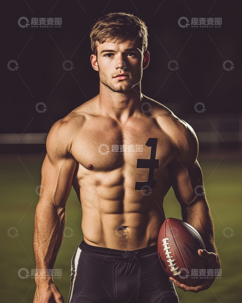 高清大图下载【趣麦麦图】健硕男子手持橄榄球，展示肌肉