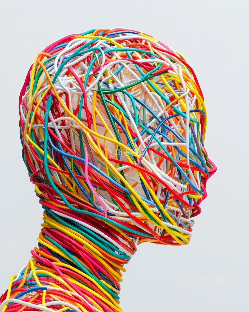高清大图下载【趣麦麦图】彩色电线缠绕的人头雕塑