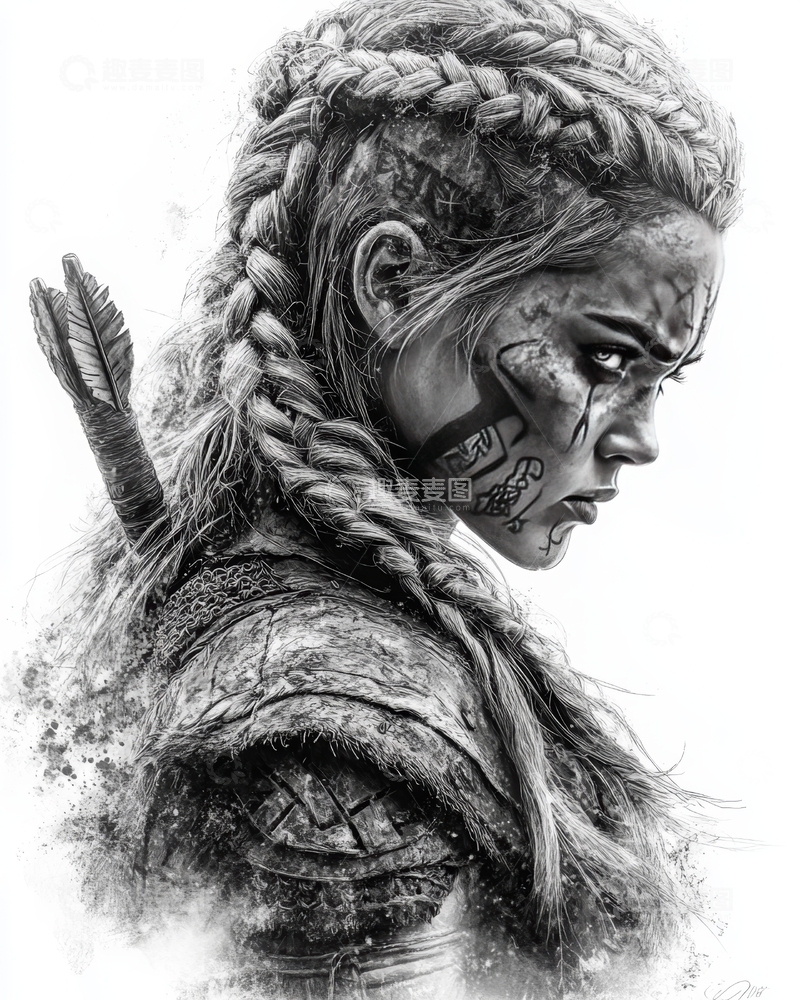 高清大图下载【趣麦麦图】战士侧脸，辫发与羽毛装饰