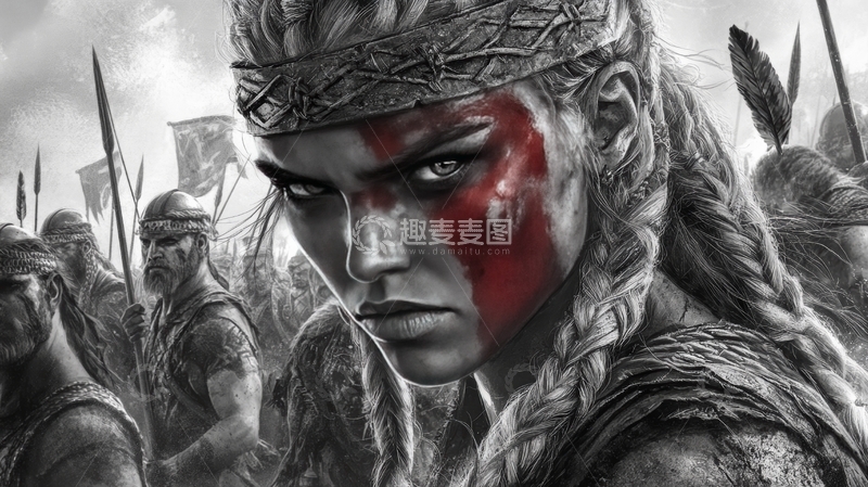 高清大图下载【趣麦麦图】战士女性，面部彩绘，背景为军队