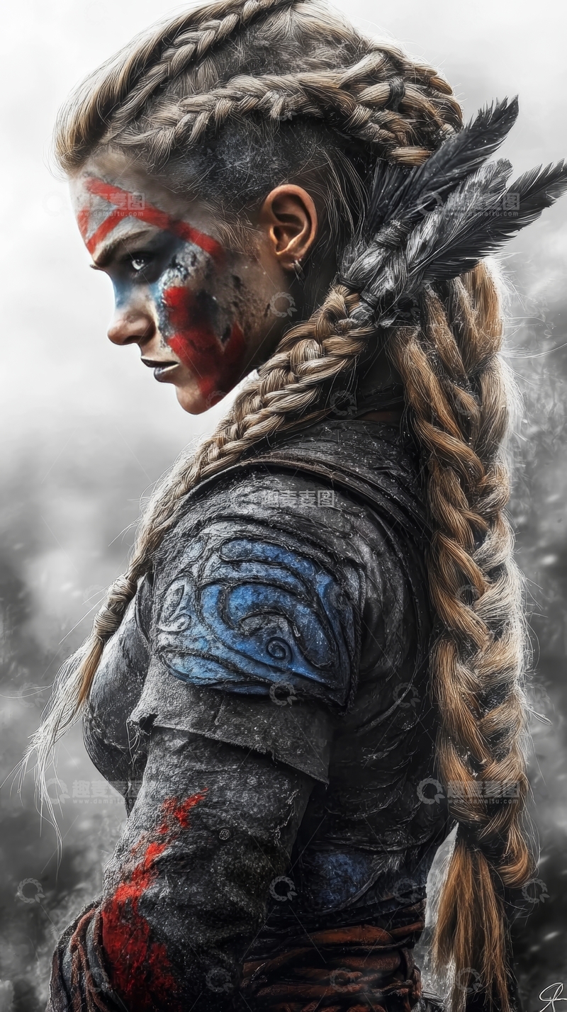 高清大图下载【趣麦麦图】战士女性，身着盔甲，面绘彩妆