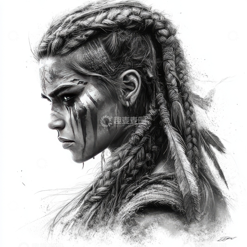 高清大图下载【趣麦麦图】辫发人物的黑白肖像