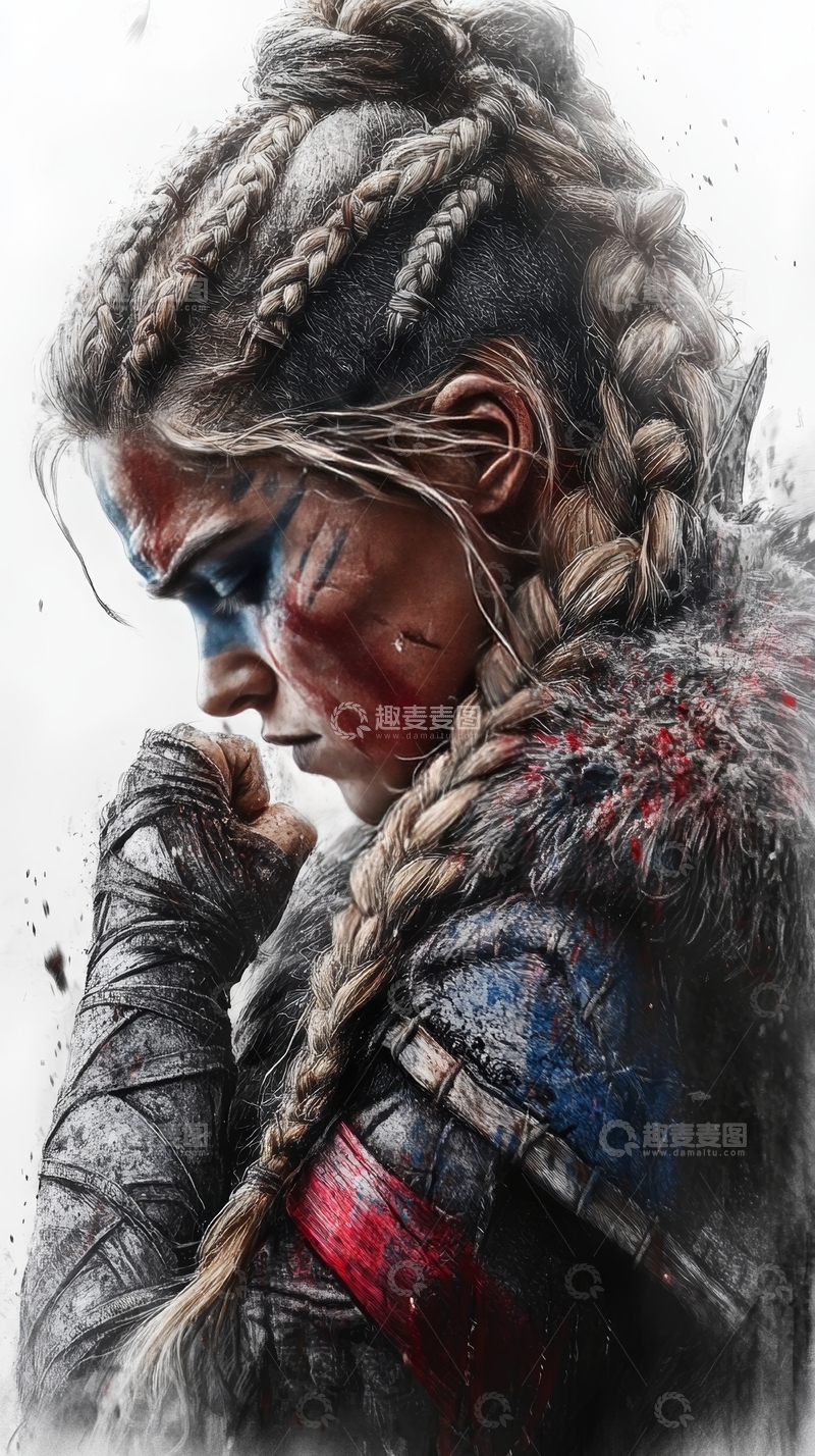 高清大图下载【趣麦麦图】战士女性，满脸伤痕与决心