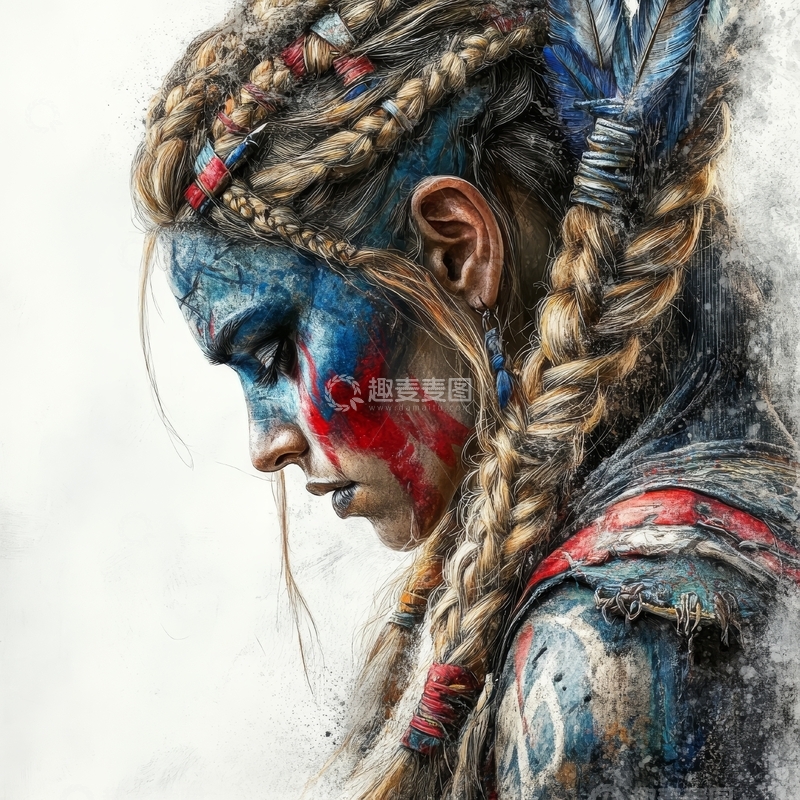 高清大图下载【趣麦麦图】彩绘脸庞的辫发女子
