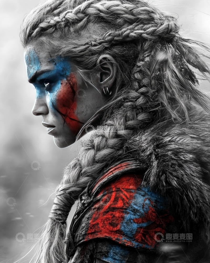 高清大图下载【趣麦麦图】战士女性，面绘色彩鲜明