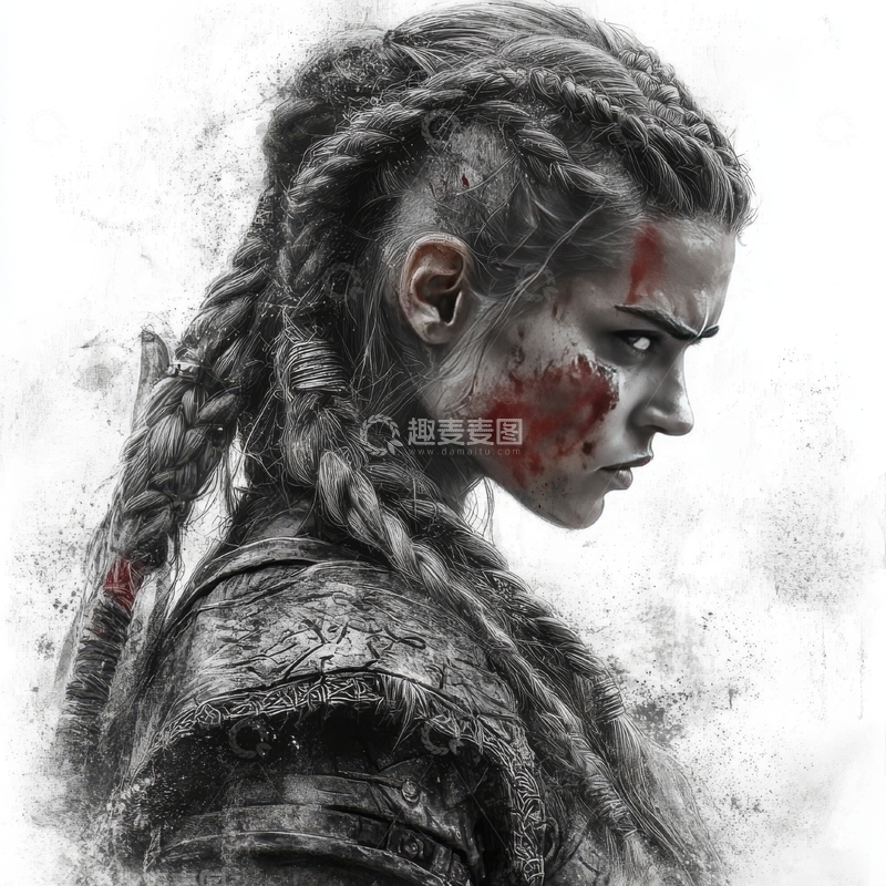 高清大图下载【趣麦麦图】战士女性，面部带伤，辫发披肩