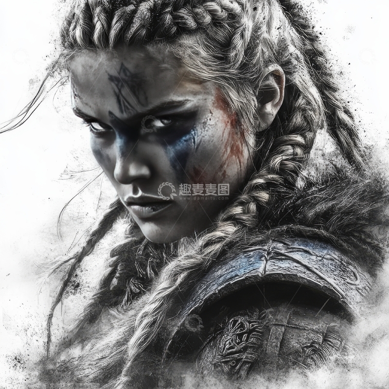 高清大图下载【趣麦麦图】战士女性，身穿盔甲，表情坚毅