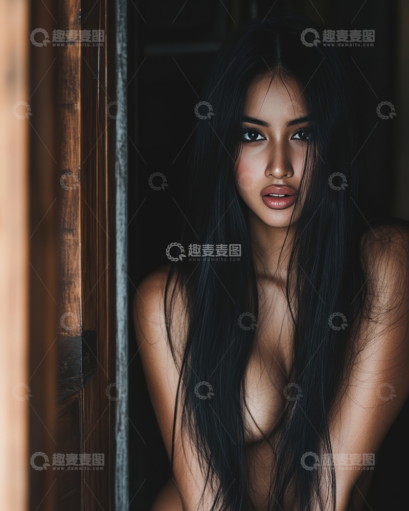 长发女子倚门而立，神情专注