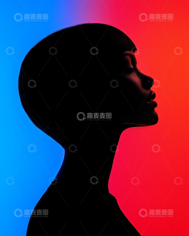 高清大图下载【趣麦麦图】剪影人物侧脸，蓝红渐变背景