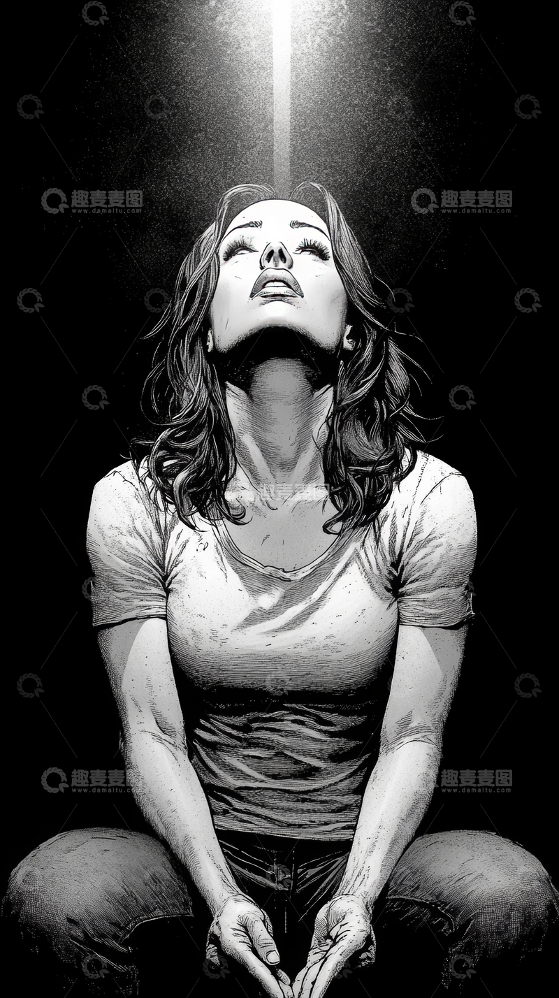 高清大图下载【趣麦麦图】冥想中的女性，头顶光芒