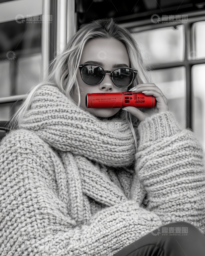 高清大图下载【趣麦麦图】黑白照片中手持红色罐子的女性