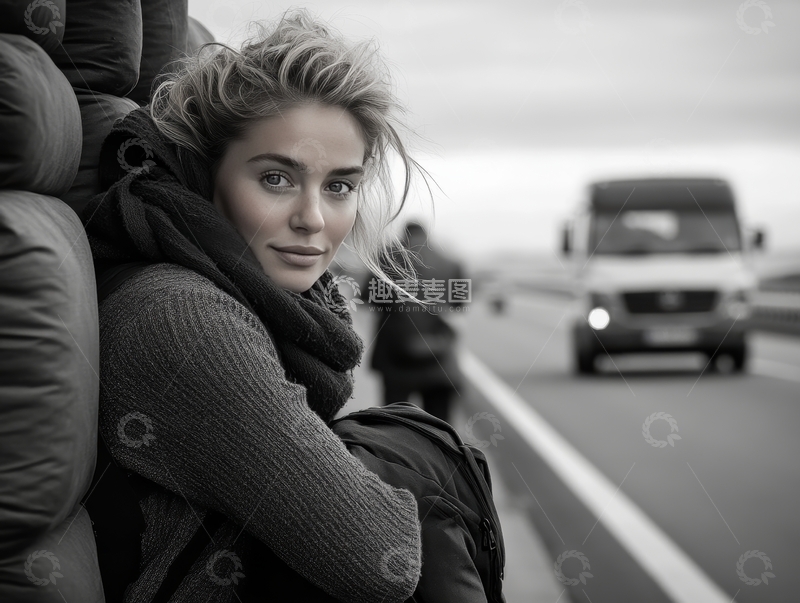 公路旁的女子与来往车辆