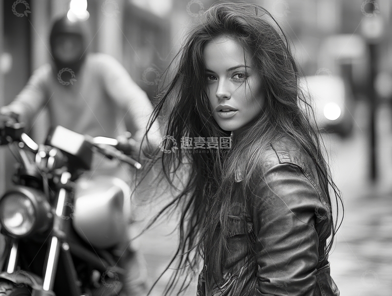 高清大图下载【趣麦麦图】街头风中，女子与摩托车的黑白影像