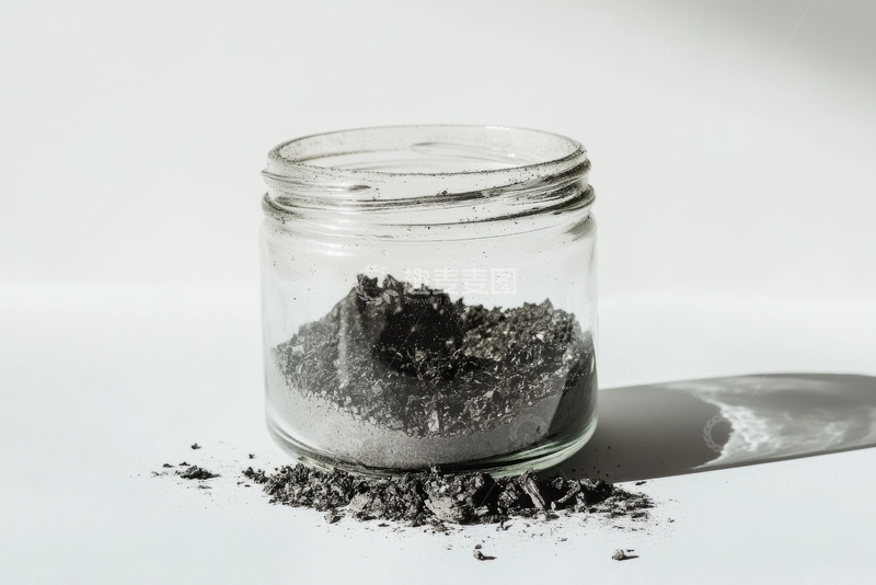 高清大图下载【趣麦麦图】玻璃罐中的黑色粉末与金属铲