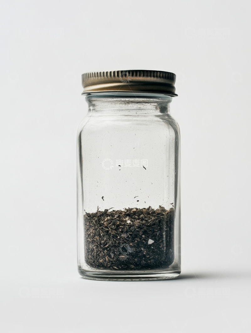 高清大图下载【趣麦麦图】透明玻璃罐中的深色颗粒物