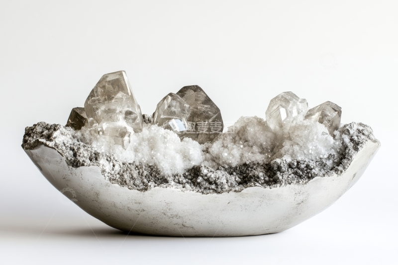 高清大图下载【趣麦麦图】天然水晶簇置于金属碗中