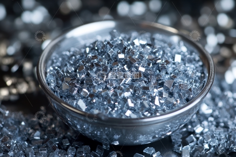 高清大图下载【趣麦麦图】透明蓝色晶体颗粒盛于玻璃碗中
