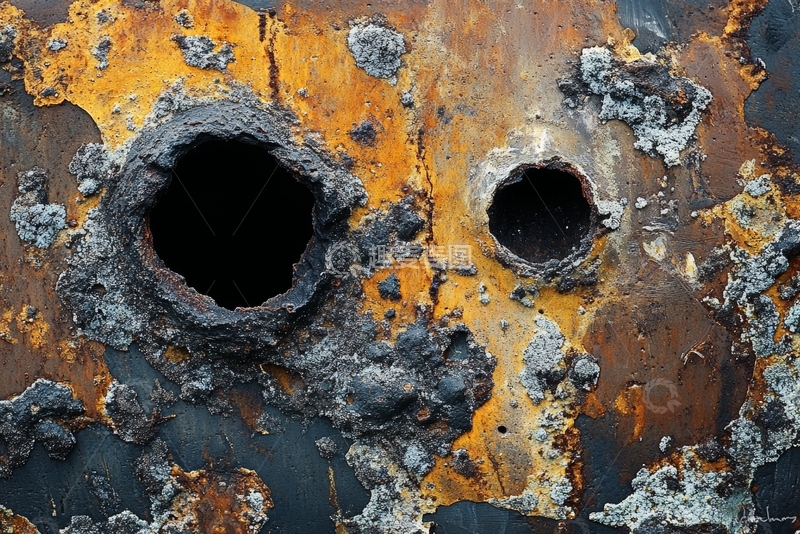 高清大图下载【趣麦麦图】锈蚀金属表面的两个圆形孔洞