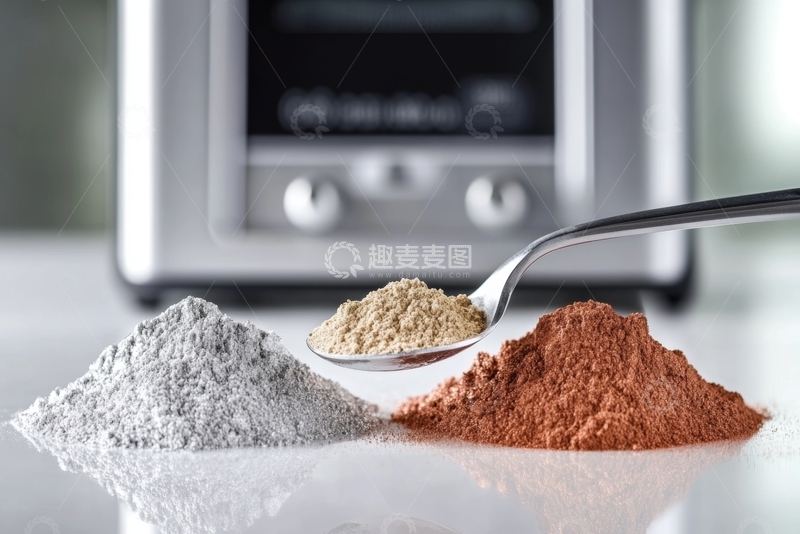 高清大图下载【趣麦麦图】三种粉末与量勺在厨房台面上