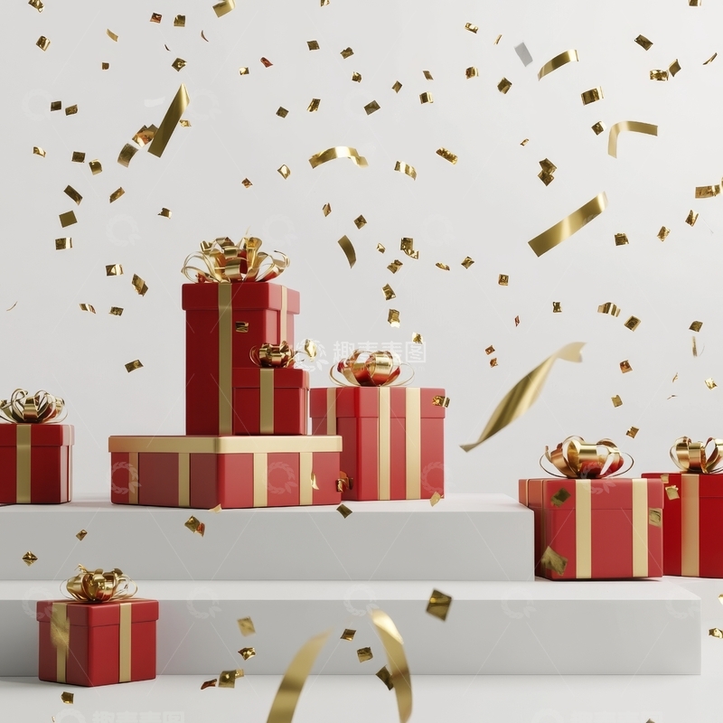 高清大图下载【趣麦麦图】节日礼物盒与金色纸屑装饰