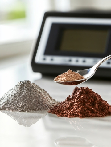 粉末对比：勺子中的棕色与白色粉末