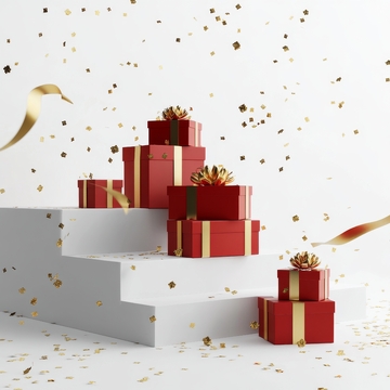 红色礼盒堆叠于阶梯之上，金色装饰点缀