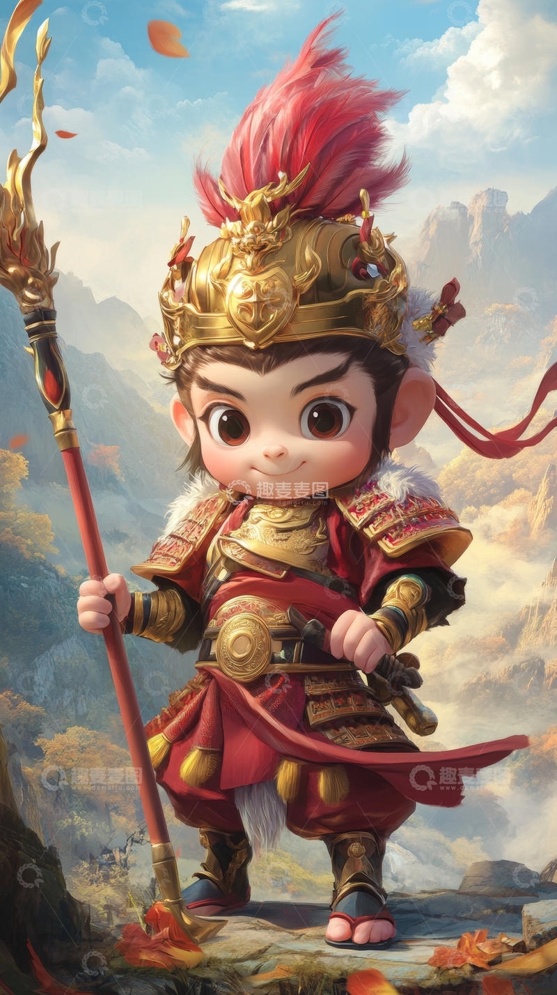 高清大图下载【趣麦麦图】身穿华丽盔甲的卡通人物手持长矛