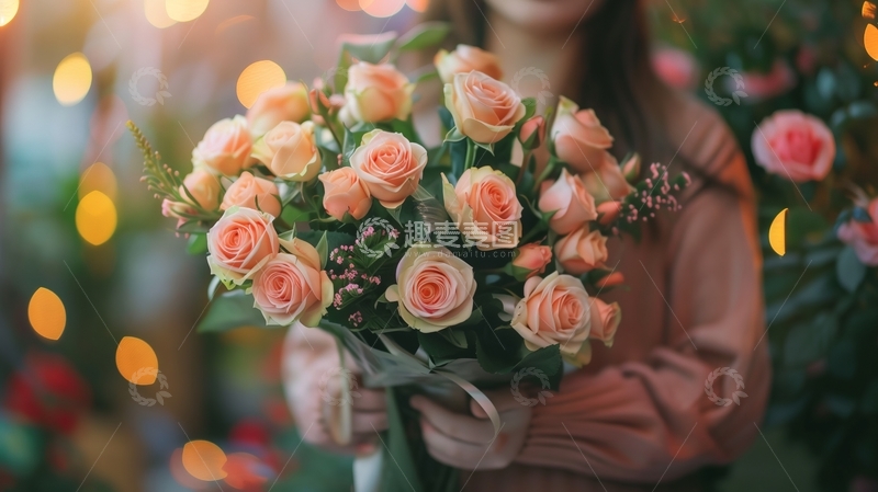 高清大图下载【趣麦麦图】手捧淡雅玫瑰花束的温馨场景