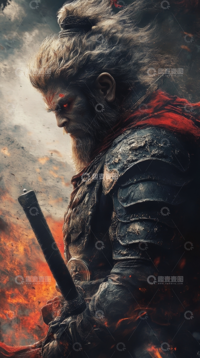 高清大图下载【趣麦麦图】战士持剑，火焰背景