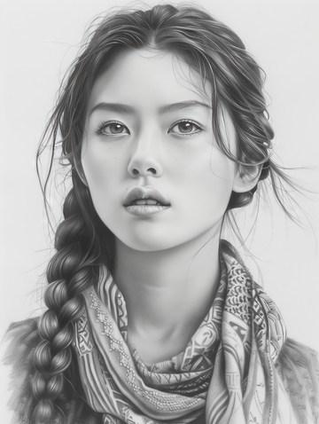 黑白数码肖像：辫发女子