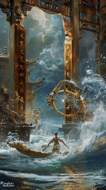 巨浪中的古船与神秘建筑