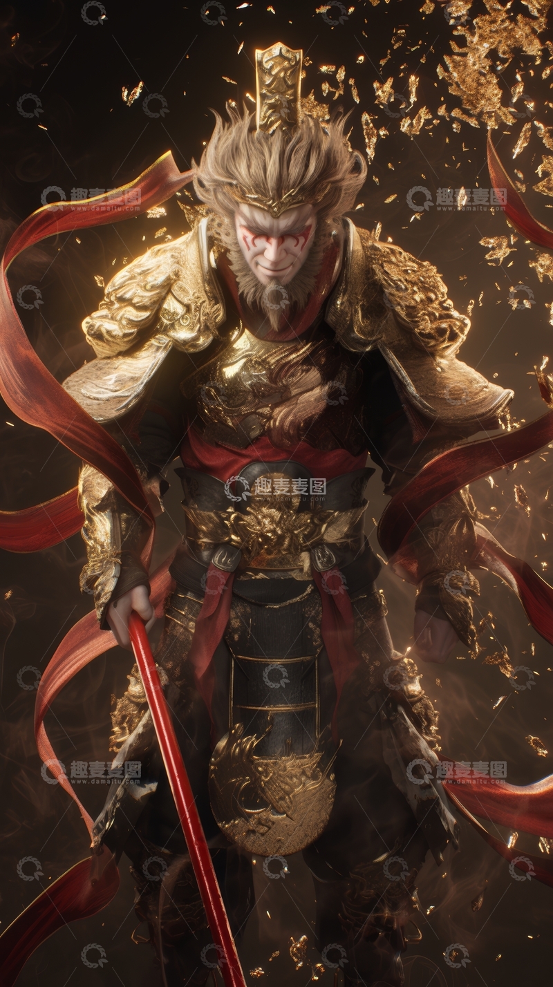 高清大图下载【趣麦麦图】金甲战士挥舞长杖，气势磅礴