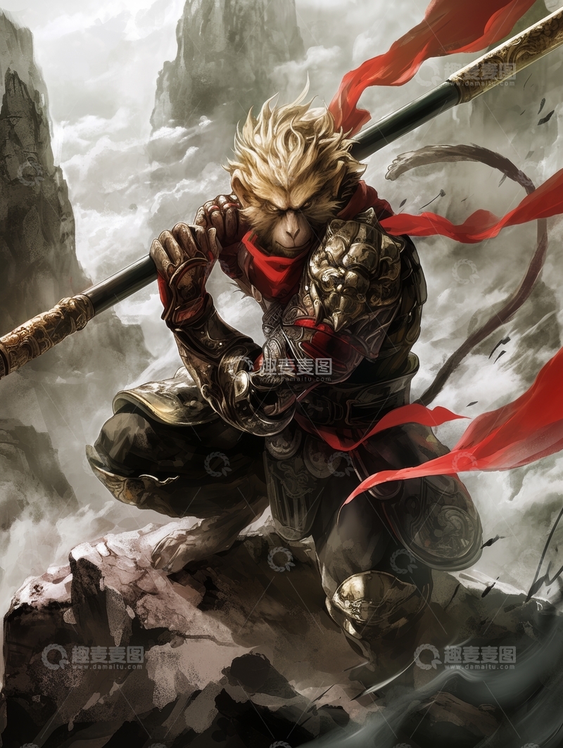 高清大图下载【趣麦麦图】金甲猴王挥棒，山峦云雾缭绕