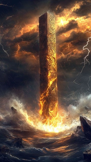 燃烧的巨石在风暴中屹立