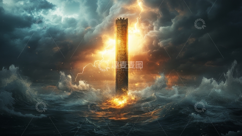 高清大图下载【趣麦麦图】海中孤塔，雷电交加