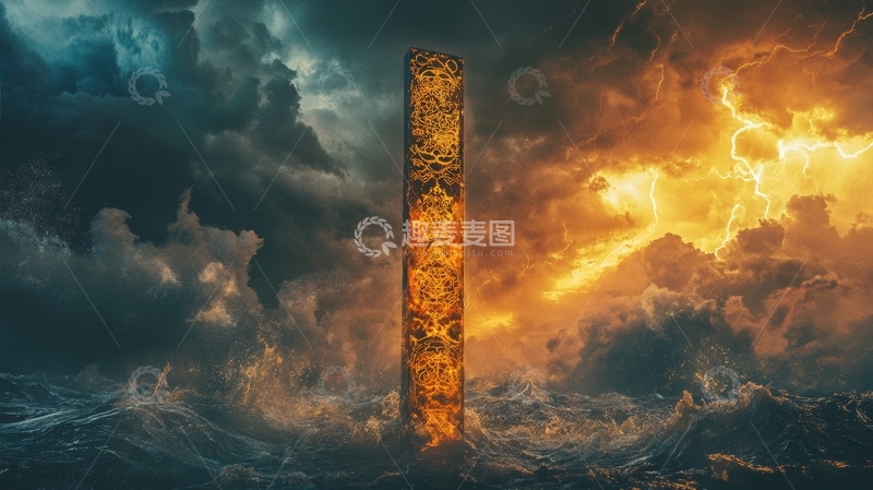 高清大图下载【趣麦麦图】巨柱屹立海浪中，雷电交加夜空