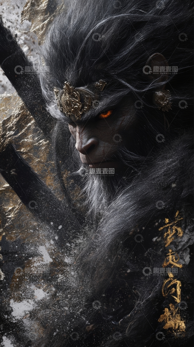 高清大图下载【趣麦麦图】神秘黑毛生物，金色装饰，锐利眼神