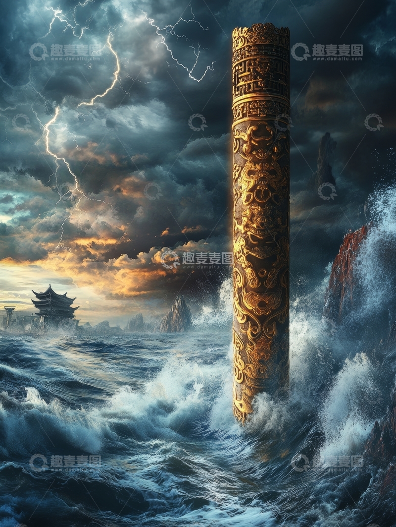 高清大图下载【趣麦麦图】巨柱屹立海浪中，雷电交加的奇幻景象