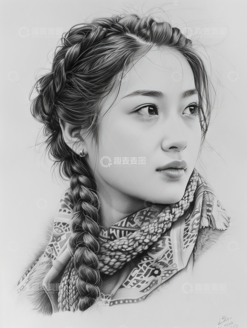 高清大图下载【趣麦麦图】黑白肖像画中的年轻女子