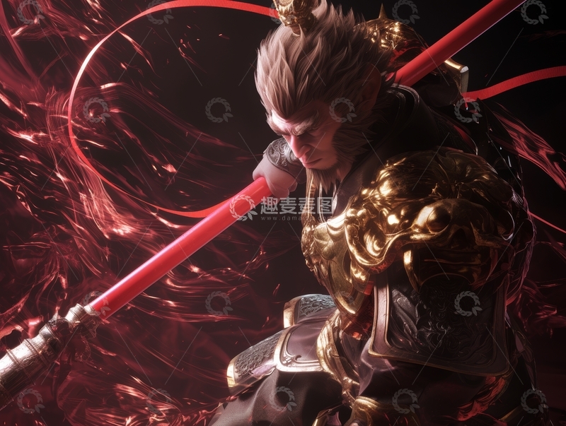 高清大图下载【趣麦麦图】金甲战士挥舞红色长杖