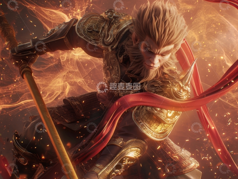 高清大图下载【趣麦麦图】金甲战士挥舞长棍，火焰环绕