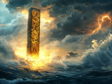 巨石屹立海中，雷电交加的壮观景象